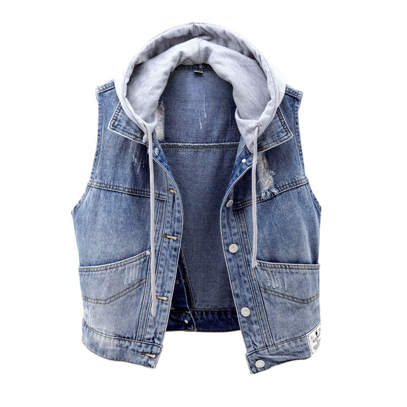 Denim áo giáp phụ nữ ngắn 2020 mùa xuân và mùa hè mới phiên bản Hàn Quốc của lỗ mở vest túi lớn có thể được loại bỏ đầu đội mũ trùm đầu