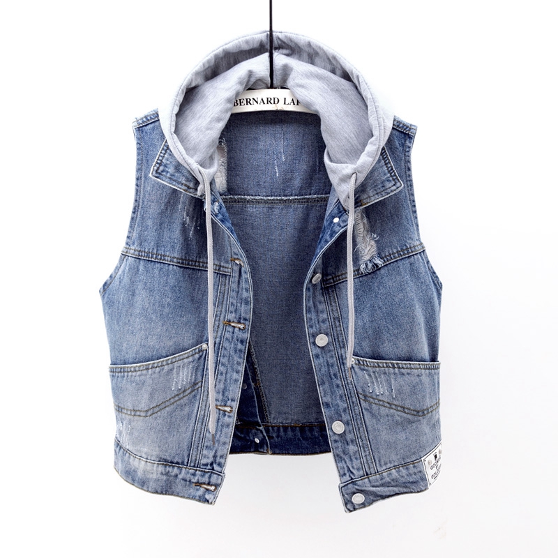 Denim áo giáp phụ nữ ngắn 2020 mùa xuân và mùa hè mới phiên bản Hàn Quốc của lỗ mở vest túi lớn có thể được loại bỏ đầu đội mũ trùm đầu