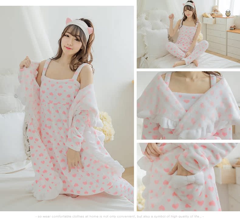 Mùa thu và mùa đông dày bộ đồ ngủ lông cừu san hô ngọt ngào bộ pijama lụa