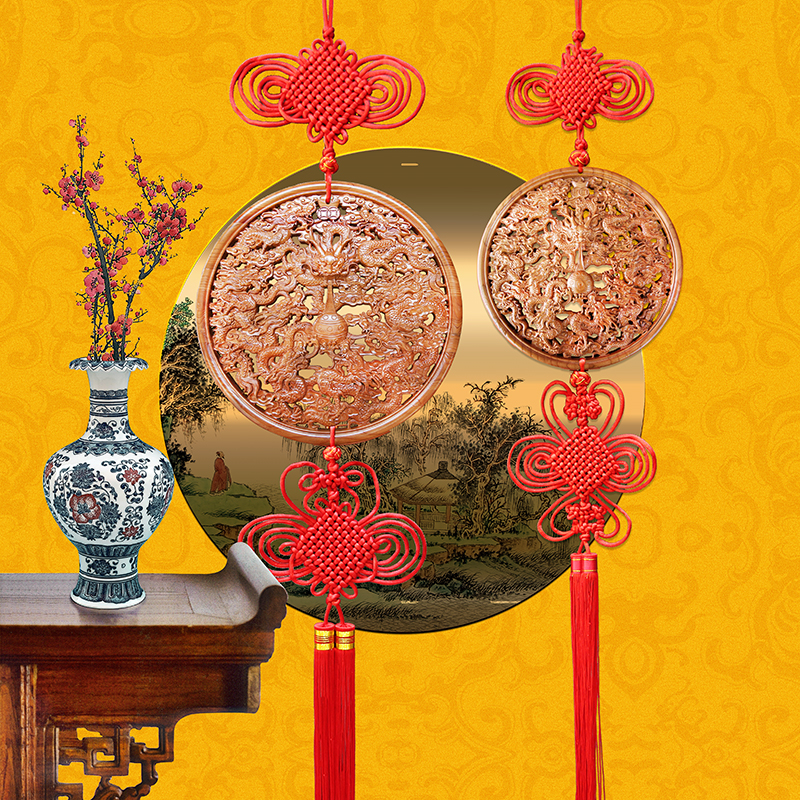Chinese knot peach wood large pendant Dragon and Phoenix five blessings come to the door Unicorn word living room bedroom entrance