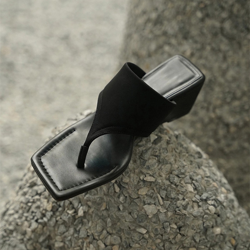 Sheepskin Version of the Row Style Genuine Leather Thong Sandals for Women, Summer Thick-Soled French High-Heeled Mules