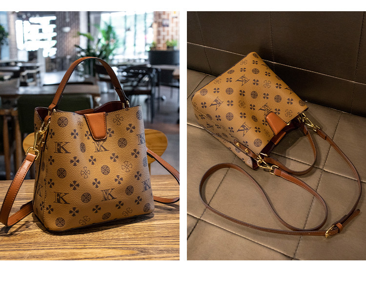 Túi bucket nữ da thật phối màu họa tiết vintage, đeo chéo một bên vai — Màu cà phê in Hoa Cỡ Nhỏ, Kaki in Hoa Cỡ Nhỏ, In hoa màu cà phê cỡ lớn chi tiết 21