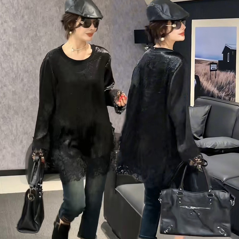 26 Early Spring Plus Size Women's Lace Patchwork Long Sleeve Black Mid-Length Blouse Loose Slimming Versatile Cover-Up Top