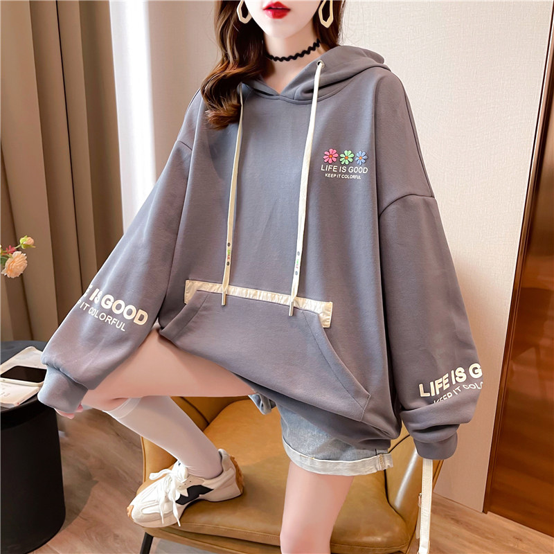 Pregnant woman's sweatshirt with long version of spring and autumn cash blouse with cap jacket thin large size female loose large size female covered ass wave