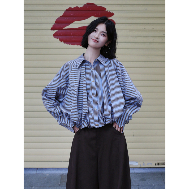 Vintage Striped Floral Short Shirt for Women, Autumn 2026 New Design, Blue and Coffee Color Contrast, Turn-Down Collar, Long Sleeve Shirt Vintage Striped Floral Short Shirt for Women, Autumn 2026 New Design, Blue and Coffee Color Contrast, Turn-Down Collar, Long Sleeve Shirt