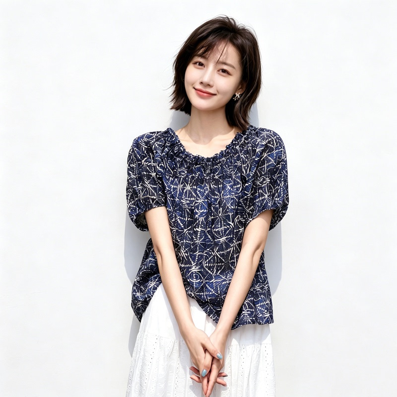 Goluerji Mulberry Silk Cotton Off-The-Shoulder Printed Shirt for Women, Summer Printed Elastic Youthful Fashion Versatile Top