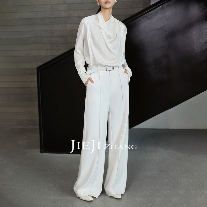 Zhang Qi Jieji Zhang [Linear Rhythm] Open-Stitch Split Casual Pants for Women, Autumn High-Waisted Wide-Leg Floor-Length Pants