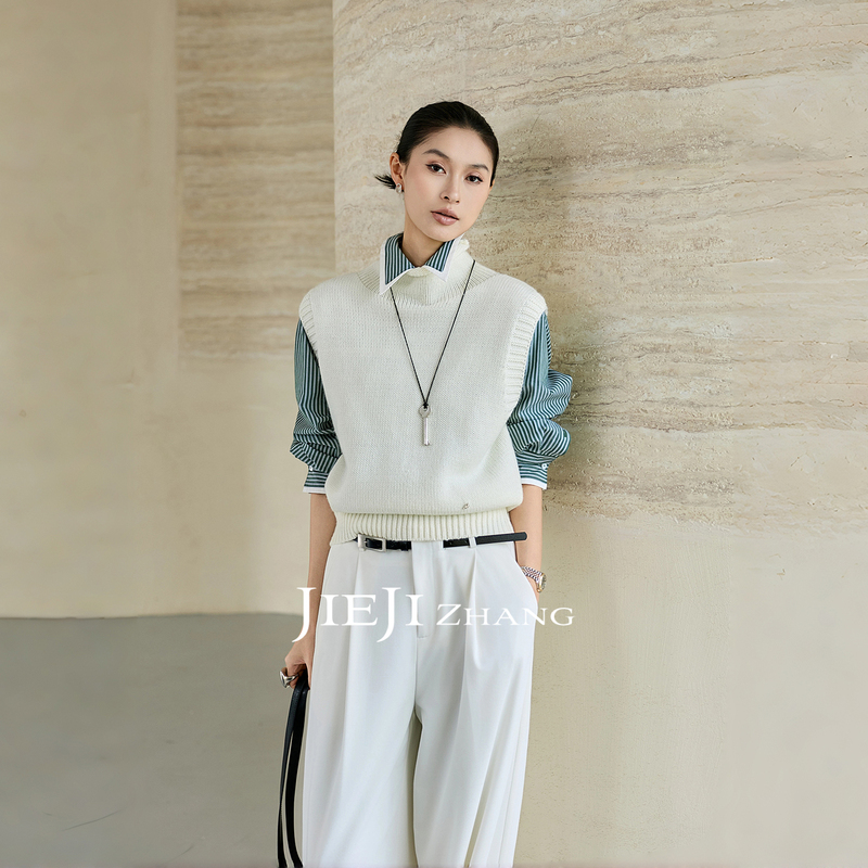 Zhang Qi Jieji Zhang [Qibai] Stand-Up Collar Knitted Vest for Women, Early Autumn Layering Outerwear, Sleeveless Vest