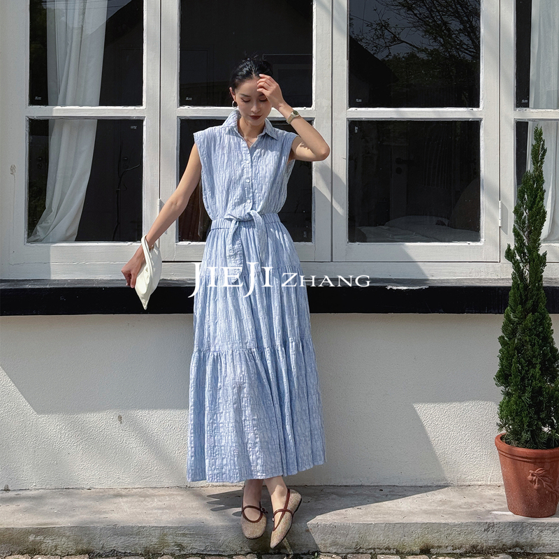 Zhang Qi Jieji Blue and White Striped Shirt Dress Women's Sleeveless Waist-Cinching Long Dress 2026 Summer New A-Line Dress Zhang Qi Jieji Blue and White Striped Shirt Dress Women's Sleeveless Waist-Cinching Long Dress 2026 Summer New A-Line Dress