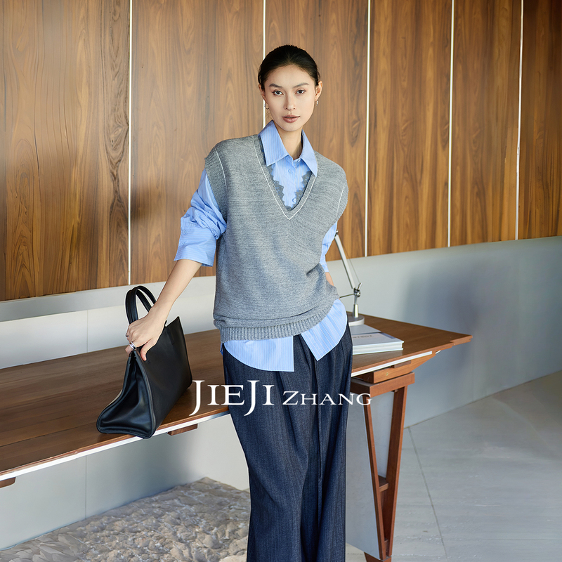 Zhang Qi Jieji Zhang [Lace Border] Color-Block Striped V-Neck Knitted Vest for Women, Autumn Early Autumn Sleeveless Top