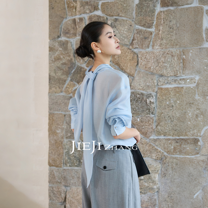 Zhang Qi Jieji Zhang [Yunqing] Lyocell Linen Long-Sleeved Shirt for Women with a Flowing Tie and Elegant Style