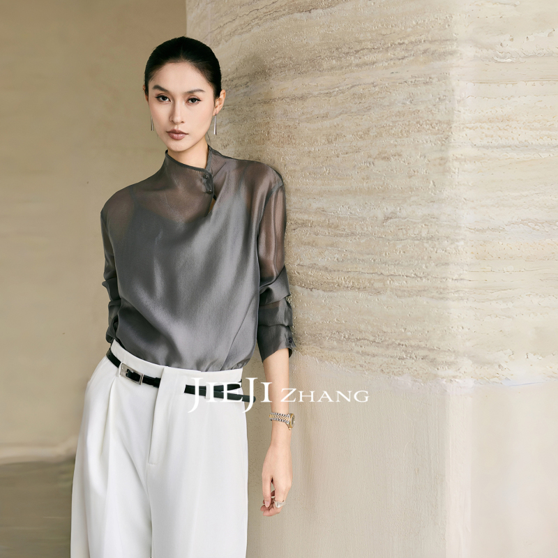 Zhang Qi Jiejizhang [Yuanshan Dai] New Chinese-Style Long-Sleeved Shirt for Women 2026 Early Autumn Design Stand-Up Collar Top