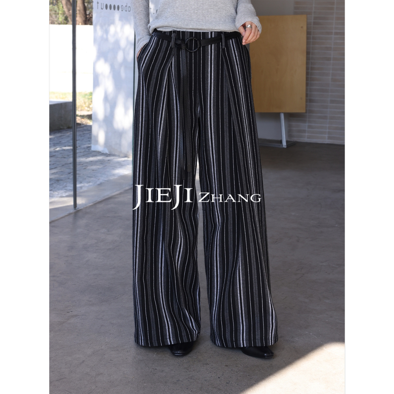 Zhang Qi Jieji Casual Pants for Women, Striped Loose Slimming Straight-Leg Pants, 2026 Autumn New Simple Wide-Leg Pants