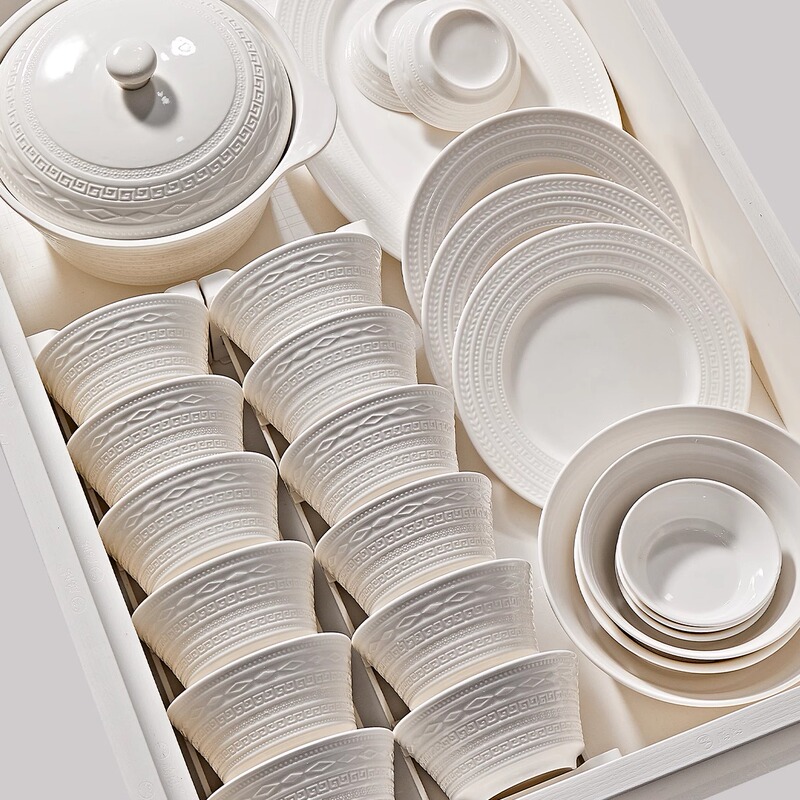 Dinnerware Set for Home Use, Plates and Dishes, 2025 New Model, High Aesthetic White Embossed Design, Premium Feel, Housewarming Tableware Set