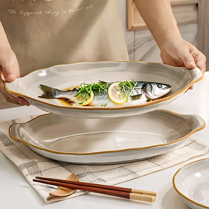 Double-Ear Ceramic Fish Plate for Home Use, 2026 New Model, Steamed Fish Plate, High-End Fish Bowl, Tableware, Large Fish Dish