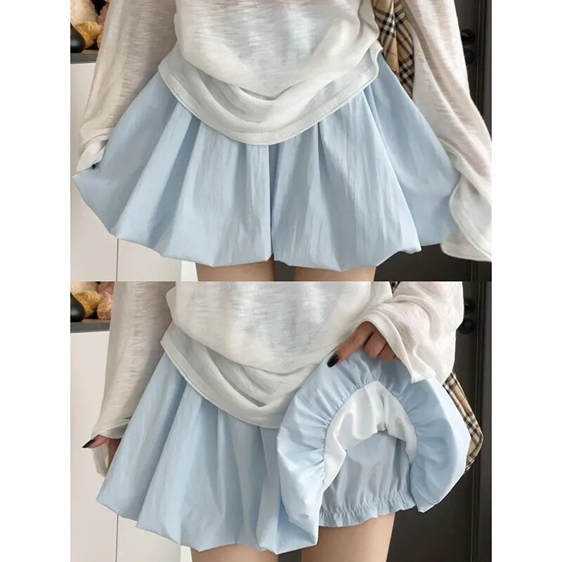 Blue Puffy Floral Skirt for Women, Summer 2026 New Style, High-Waisted, Slimming, A-Line, Anti-Exposure, Petite Skirt Pants