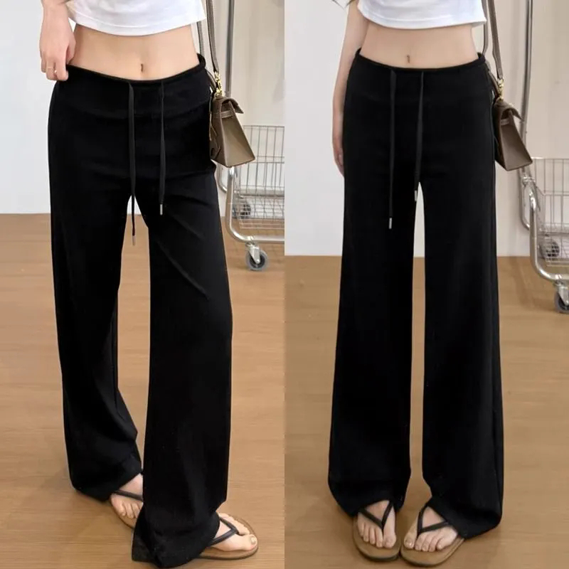 Black Straight-Leg Sweatpants for Women, Spring/Summer 2025 New Style, High-Waisted, Drapey, Petite, Loose, Casual, Wide-Leg Joggers