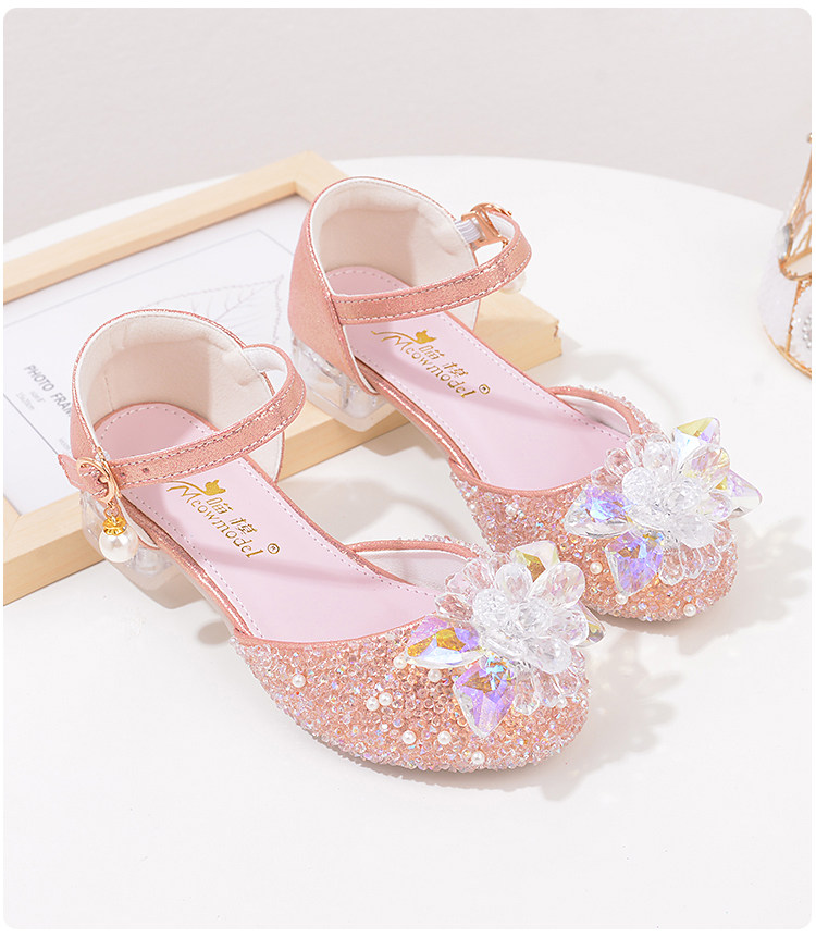 Western Style Children's Princess Shoes Crystal Shoes Girls High Heel Shoes Soft Bottom Elementary School Student Dress Dance Leather Shoes Silver with — 27