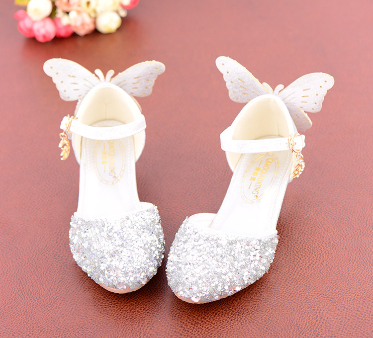 Western Style Children's Princess Shoes Crystal Shoes Girls High Heel Shoes Soft Bottom Elementary School Student Dress Dance Leather Shoes Silver with — 1