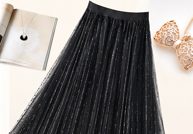 Công việc nặng nề váy lưới sáng màu 2019 hè siêu lửa xếp li váy đen váy dài đính sequin - Váy chân váy cho người mập lùn