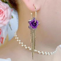 Long style purple flower stream Souring earrings 2023 new exploits square face face large suitable for a thin senior earthen