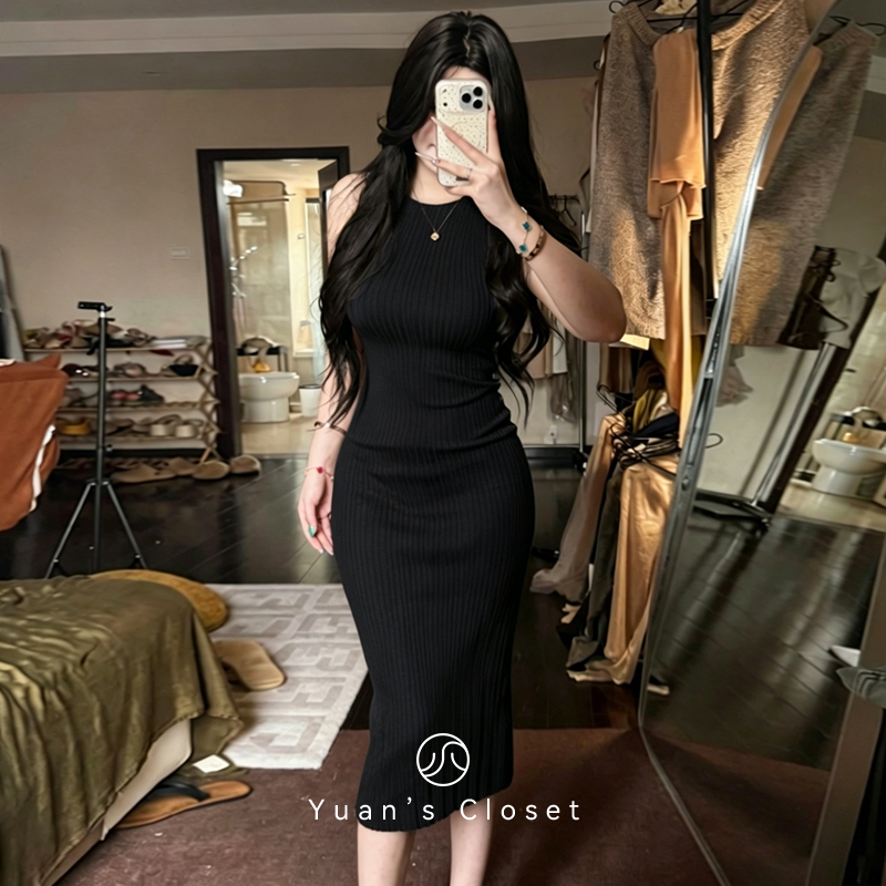 Elegant Black Sleeveless Knit Dress for Women, Summer Slim-Fit Waist-Cinching Slimming Inner Wear, Stylish Bodycon Long Dress