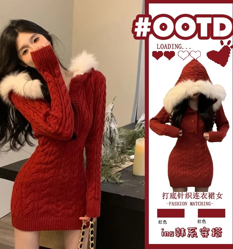 純粋な欲望ホットガールクリスマスセクシーな大晦日ドレス女性の秋と冬のフード付き毛皮の襟ニットレッドヒップスカート