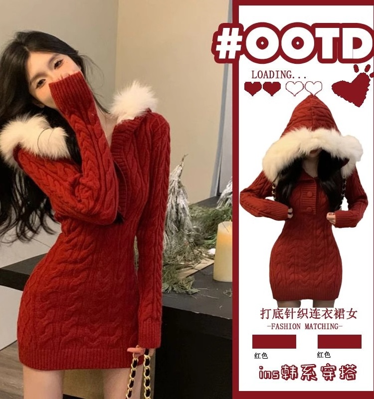 Pure Desire Hot Girl Christmas Sexy New Year's Eve Dress Women's Autumn and Winter Hooded Fur Collar Knitted Red Bodycon Skirt Pure Desire Hot Girl Christmas Sexy New Year's Eve Dress Women's Autumn and Winter Hooded Fur Collar Knitted Red Bodycon Skirt