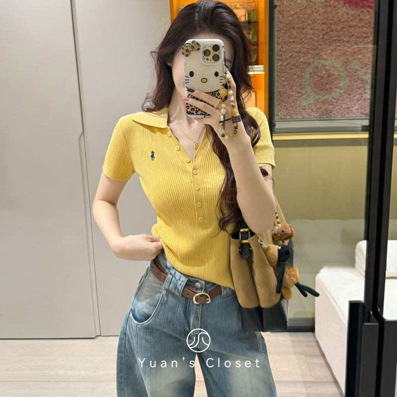 High-End Old Money Style Polo Collar Embroidered Knitted Short-Sleeved T-Shirt for Women, Summer Slim Fit, Elegant and Unique Yellow Top with a Turn-Down Collar