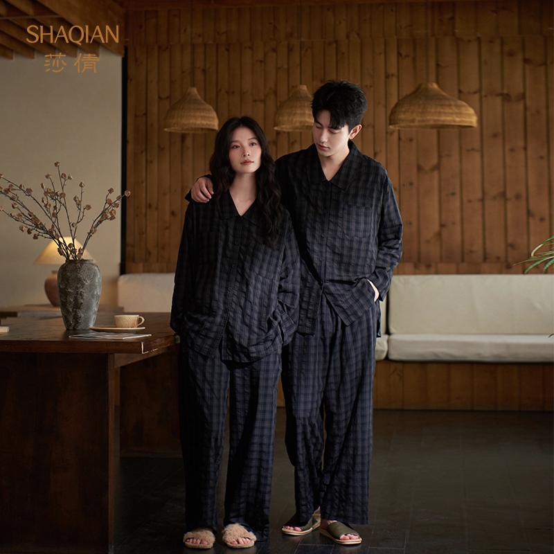 Shaqian's New Couple Pajamas 2026 Spring and Autumn Bubble Woven Cotton Women's Loungewear Men's Outerwear Set Shaqian's New Couple Pajamas 2026 Spring and Autumn Bubble Woven Cotton Women's Loungewear Men's Outerwear Set