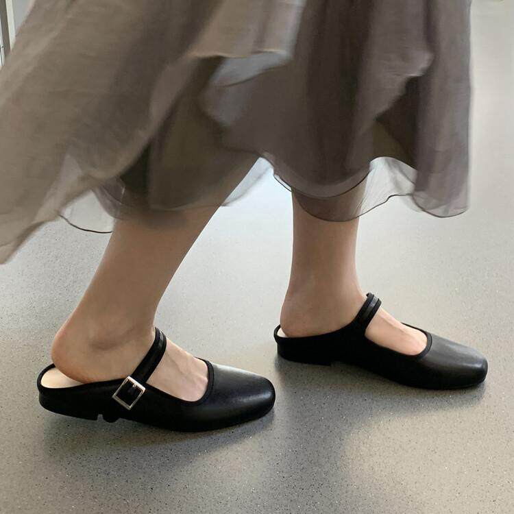 Soft leather winter wind slippers in 2022 Spring and summer new one word with Mary cherished flat shoes
