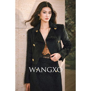 WANGXO｜兔绒长毛呢拼接雪尼尔｜翻领双排扣短款外套＆直筒半裙