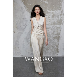 WANGXO premium satin double-sided wrinkled texture ຄໍ V ສາຍແຂນຂ້າມສາຍແອວສູງ / ຊຸດກາງເກງຂາກວ້າງສໍາລັບແມ່ຍິງ