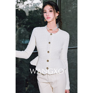 Wangxo | Luxurious Wool Heavy Industry Butterfly Embossed Texture | Vertical Cut Waist Ruffled Short Round Neck Top