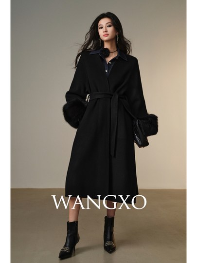 Wangxo｜Luxurious All-Wool Stand-Up Collar｜Fox Fur Cuffs｜Bathrobe-Style Belted Long Double-Sided Wool Coat
