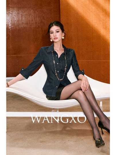 Wangxo｜Diamond-Studded Shiny Silk Breathable Tencel Cotton｜Lapel Three-Quarter Cuffed Sleeves Waist-Cinching Short Denim Shirt