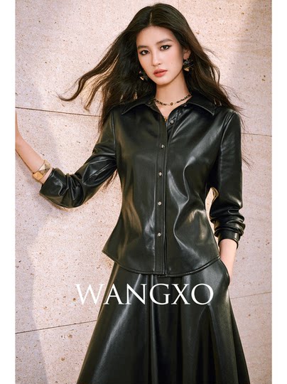 Wangxo｜Genuine Leather Texture High-Density Protein Leather｜Glossy Waist-Cinching Shirt & Multi-Panel Spliced Umbrella Skirt