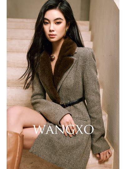 Wangxo｜Precious Natural 100% Wool｜Detachable Eco-Friendly Fur Collar, Wide Shoulders, Waist-Cinching, Long-Sleeved Blazer