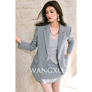 Wangxo｜Custom-Made Luxury Shiny Wool with Lurex｜Wide-Shoulder Notched Lapel Blazer & A-Line Skirt with Shiny Yarn