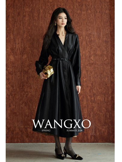 Wangxo｜Silk Brocade with a Delicate Sheen｜Waist-Cinching A-Line Hem with Belt, Long & Short Shirt-Style Dress