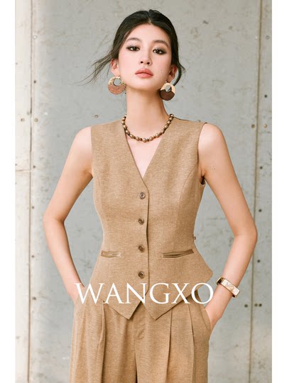 Wangxo｜High-End Tencel Linen Spliced with Acetate Satin｜Blazer & Belted Vest & Pleated Straight-Leg Pants