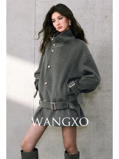Wangxo｜Custom-Spun Wool and Cashmere in the Perfect Golden Ratio｜Gray Double-Sided Wool Coat with Large Lapel and Waist-Cinching Belt