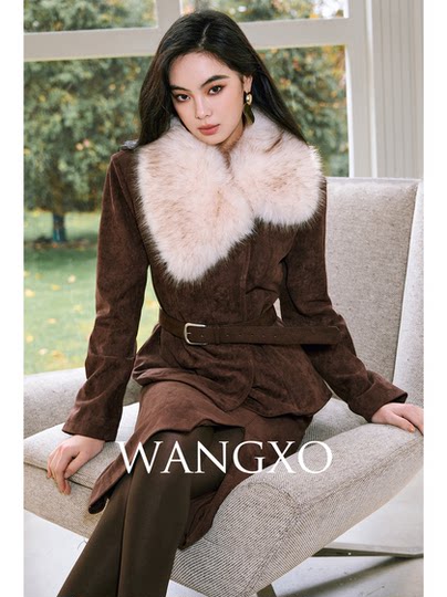 Wangxo｜Vintage Matte Suede Texture｜Dyed Eco-Friendly Fur Collar White Duck down Waist-Cinching down Jacket