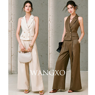 Wangxo｜Shimmering Silk-Striped Linen Material｜Notch Lapel Waist-Cinching Vest & Pleated Wide-Leg Pants Set