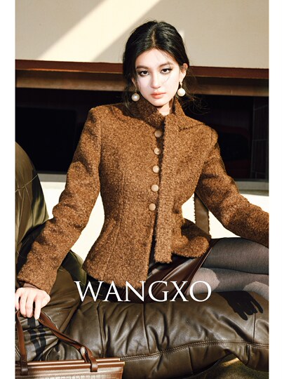 Wangxo｜Silk-Like Curly Texture Woolen Fabric｜Warm Ribbon Stand Collar Waist-Cinching Straight Shoulder Elegant Short Coat