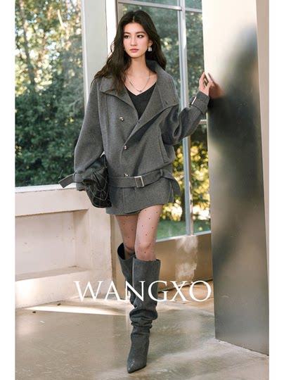 Wangxo｜Custom-Spun Wool and Cashmere in the Perfect Golden Ratio｜Gray Double-Sided Wool Coat with Large Lapel and Waist-Cinching Belt