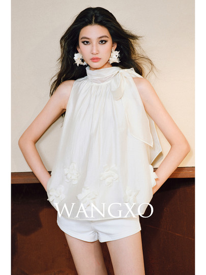 Wangxo｜Luxury Brand High-End Tencel Acetate｜Heavy-Duty Hand-Embroidered Flowers｜French-Style Loose-Fitting Sleeveless Top with Ribbons