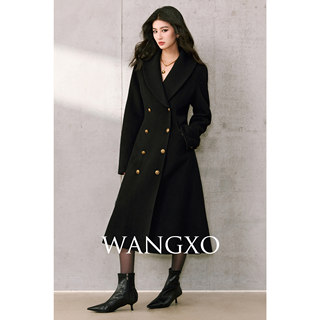 Wangxo｜Heavyweight 100% Pure Wool Double-Sided Fabric｜Knitted Ribbed Lapel Double-Breasted Waist-Cinching Flared Coat