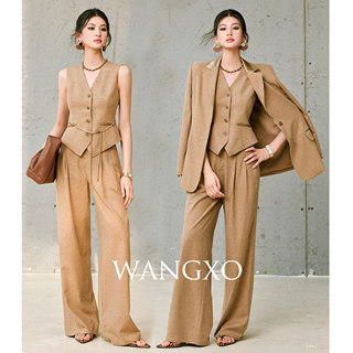 Wangxo｜High-End Tencel Linen Spliced with Acetate Satin｜Blazer & Belted Vest & Pleated Straight-Leg Pants