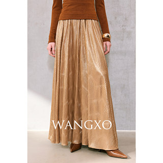 Wangxo｜Flowing Light and Shadow｜Fine Shimmering Gold Three-Dimensional Pleats｜Flowing and Elegant High-Waisted Large Hem Umbrella Skirt
